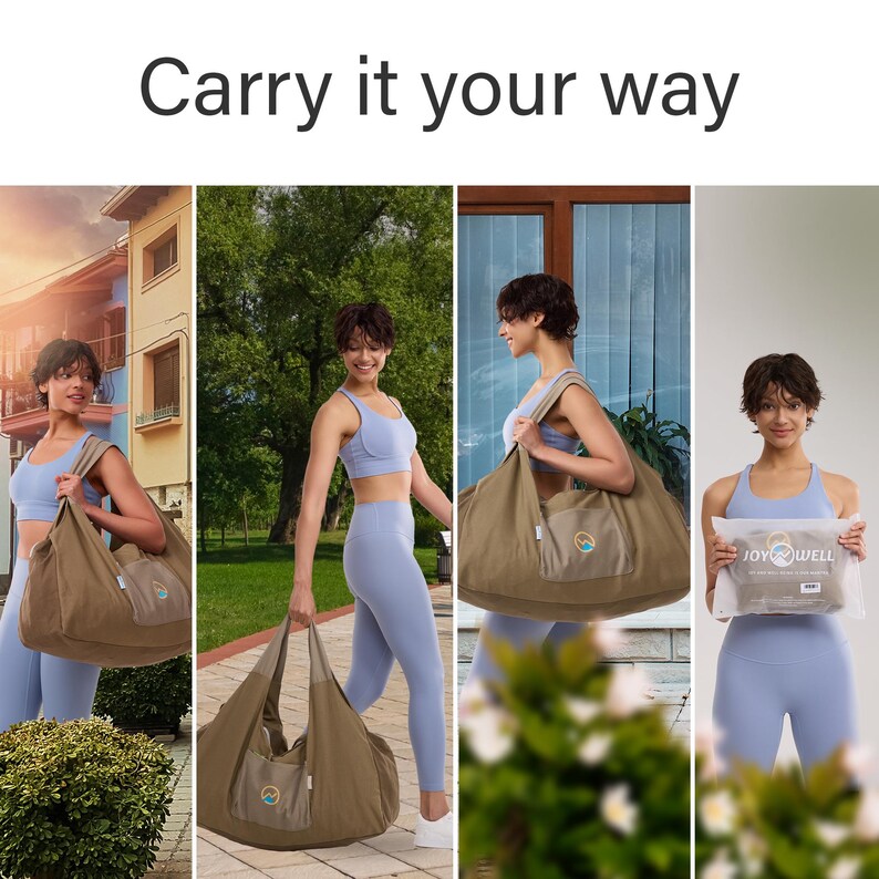 May include: A large, brown, unstructured fabric duffel bag with a wide shoulder strap and a small exterior pocket featuring a circular logo. The bag is shown in various carrying positions and is also displayed inside a clear plastic storage bag.