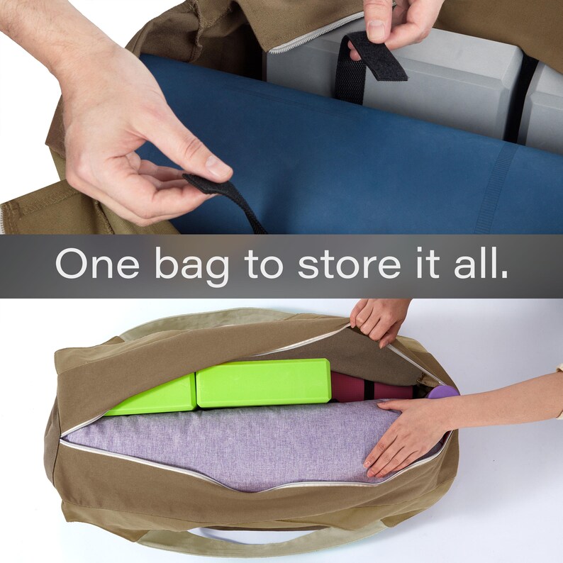May include: A large olive green canvas duffel bag with a zippered opening, containing various rectangular blocks and rolled mats in blue, green, and purple. The text "One bag to store it all." is displayed across the center of the image.
