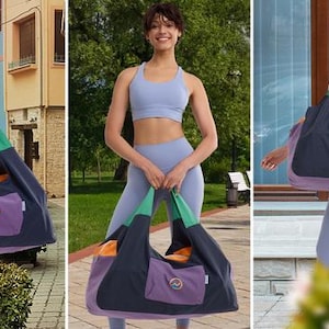 May include: A large, multi-colored tote bag with a purple pocket and green handles. The bag is navy blue and purple with orange accents. The bag has a circular logo on the pocket. The bag is designed for carrying items.