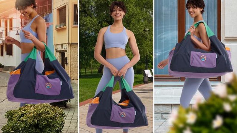 May include: A large, multi-colored tote bag with a purple pocket and green handles. The bag is navy blue and purple with orange accents. The bag has a circular logo on the pocket. The bag is designed for carrying items.