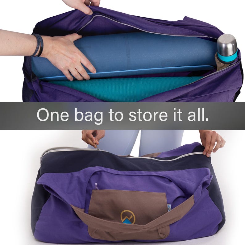 May include: A purple and navy blue yoga bag with a brown front pocket. The bag is open, revealing a blue yoga mat and a teal yoga mat inside. A silver water bottle with a teal band is in the bag. The text "One bag to store it all." is displayed.