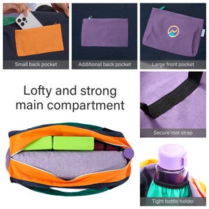 May include: A multi-colored yoga bag featuring a large main compartment, a small orange back pocket, a purple zippered pouch with a circular logo, a black mat strap, and a green bottle holder containing a purple water bottle with a matching cap.