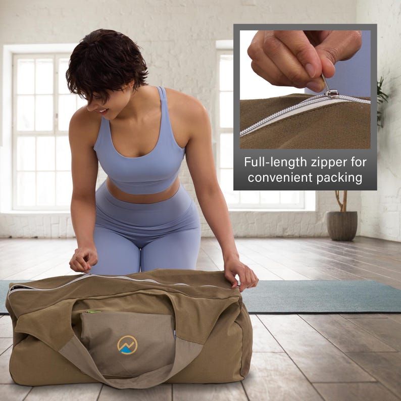 May include: A brown canvas duffel bag featuring a full-length white zipper, a front pocket with a circular logo, and wide carrying straps. An inset image shows a close-up of the zipper mechanism with the text Full-length zipper for convenient packing.