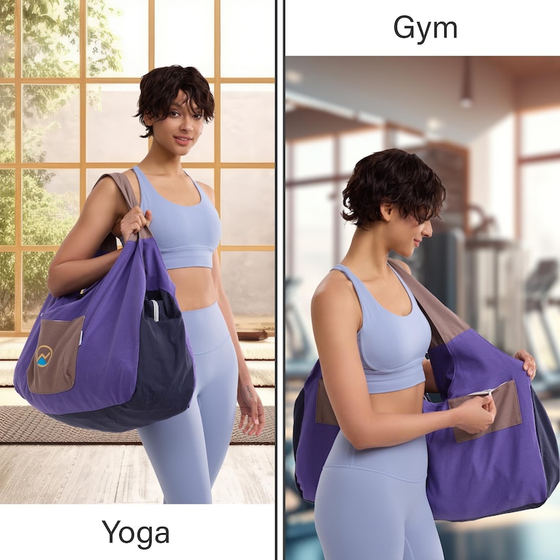 May include: A purple and navy blue tote bag with a brown pocket and a logo. The bag is being carried by a person wearing a light blue sports bra and leggings. The word "Yoga" is written at the bottom of the image.