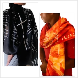 PSALM 91 and Spirit & Fire (christian scarf with bible verse, scriptural scarf, long prayer shawl, orange colour scarf with lion- Matt28:20)
