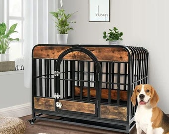 Premium Dog Crate Wood and Metal Double Door for Cozy Retreats, Spacious 2 Doors Wood and Metal Dog Crate