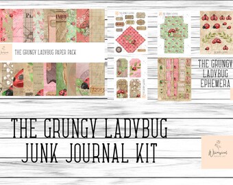 May include: A digital scrapbook kit with a grungy ladybug theme. The kit includes papers, ephemera, and tags with a vintage aesthetic. The kit is perfect for creating junk journals, cards, and other paper crafts.