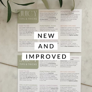 May include: Two pink and white cards with the words "Juicy Tips & Tricks" and "Improved Tips & Tricks" on them. The cards have text about the benefits of Juice Plus+ and how it can improve your health. The text on the cards is in a white font.