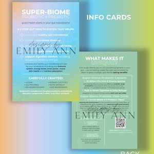 May include: Informational cards for Super-Biome, a probiotic and prebiotic supplement. The front card features the product name and key benefits. The back card details the unique features, including the probiotic capsule and prebiotic fiber drink. The cards are designed by Emily Ann.