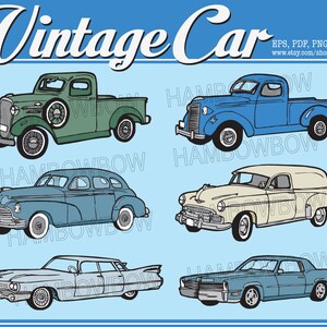 Vintage Auto Clipart SVG, 2 Türen Pick-up, 4 Türen Auto, alte amerikanische Auto, Papa, Großvater Auto, Zimmer Dekor, Auto Poster Sofort-Download