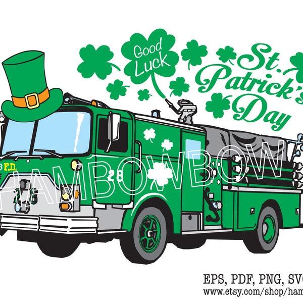 St Patricks Day Fire Engine Bundle Svg, St Patricks Day Fire Truck Decor, Green Fire Truck Printable Svg, Editable Eps Instant Download