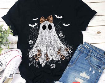 Lace Ghost Shirt, Cute Halloween Teacher T-Shirt, Floral Bow Spooky Season Tee, Gothic Vintage Ghost Top, October Classroom Outfit