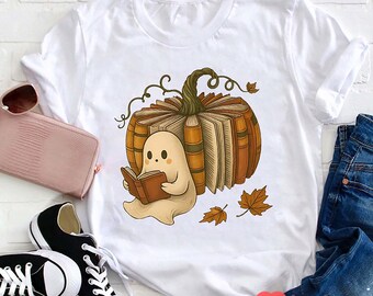 Ghost Reading Pumpkin Shirt, Cute Teacher Book T-Shirt, Fall Halloween Ghost Tee, Autumn Library Outfit, Cozy October Classroom Top