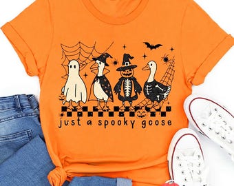 Just A Spooky Goose Shirt, Funny Halloween Teacher T-Shirt, Cute Goose Costume Pumpkin Skeleton Tee, October Fall Classroom Outfit