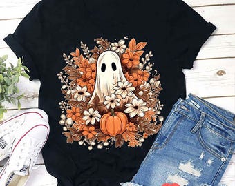 Fall Ghost Halloween Shirt, Cute Pumpkin Floral Teacher T-Shirt, Autumn Spooky Season Graphic Tee, October Classroom Outfit
