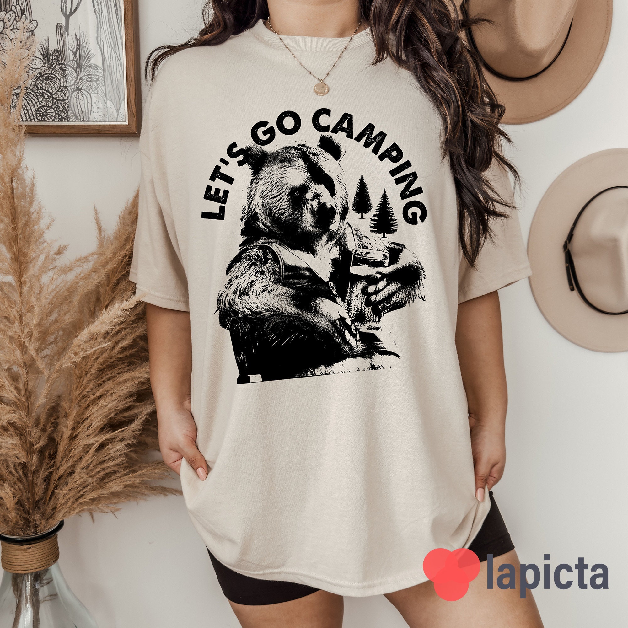 Maglietta Divertente Orso Let's Go Camping, Yellowstone Yosemite, Uomo Donna, Arancione