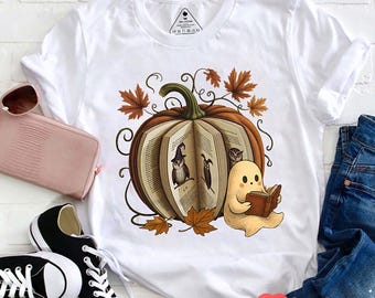 Fall Book Pumpkin Ghost Shirt, Cute Reading Teacher T-Shirt, Autumn Owl and Leaves Graphic Tee, Halloween Classroom Outfit