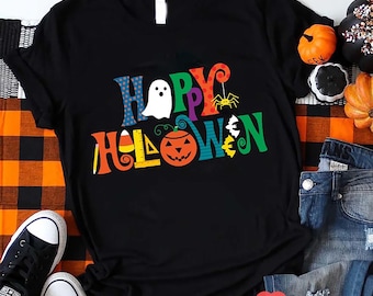 Colorful Happy Halloween Shirt, Cute Ghost Pumpkin Spider Tee, Fun Fall Graphic T-Shirt, Spooky Season Outfit for Women