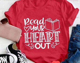 Lees je hart uit leraar T-shirt, boek shirt, leesboek shirt, leraar shirt, kleuterschool shirt, leraar dag cadeau