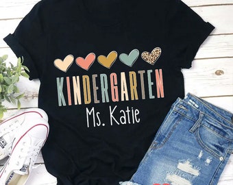 Personalized Name Colorful Heart Teacher T-Shirt, Teacher Life Shirt, Kindergarten Shirt, Teacher Shirt, Gift For Teacher