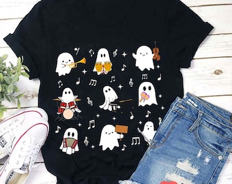 Ghost Music Teacher Shirt, Cute Halloween Musical Instrument T-Shirt, Funny Band Orchestra Ghost Tee, Spooky Classroom Outfit