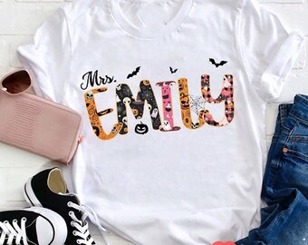 Personalized Halloween Teacher Shirt, Custom Name Bat Ghost Pumpkin T-Shirt, Cute Fall Classroom Tee, October Teacher Outfit Gift