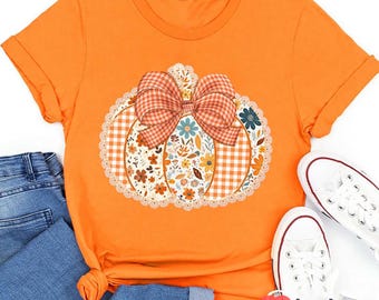 Patchwork Pumpkin Shirt, Cute Fall Teacher T-Shirt, Gingham Floral Pumpkin Tee with Bow, Autumn Harvest Outfit, October Classroom Top