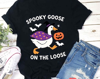 Spooky Goose On The Loose Teacher T-Shirt, Funny Halloween Goose Shirt, Cute Fall Graphic Tee, Silly Goose Costume Top