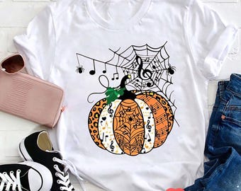 Music Teacher Halloween Shirt, Pumpkin Spiderweb Music Note T-Shirt, Cute Choir Band Orchestra Tee, Spooky October Classroom Outfit