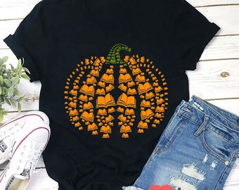 Halloween pompoenen en boeken leraar T-shirt, pompoen shirt, boek shirt, grappig Halloween shirt, leraar shirt, cadeau voor leraar