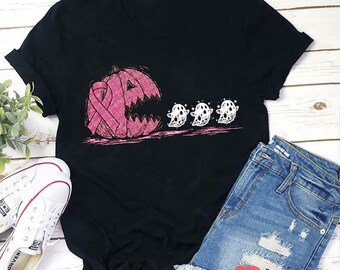 Halloween Pumpkin Ghost Shirt, Breast Cancer Awareness Pink Ribbon Tee, Spooky October Teacher T-Shirt, Fall Support Gift