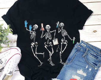 Funny Science Skeleton Shirt, Halloween Teacher T-Shirt, Chemistry Lab Skeletons Graphic Tee, Spooky October Classroom Outfit