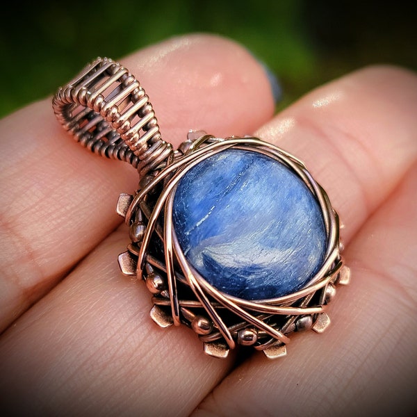 Blue Kyanite Pendant, Wire Wrap Kyanite Necklace, Gear & Gemstone Steampunk Jewelry, Sacred Geometry, Copper Wire Wrapped Crystal Necklace