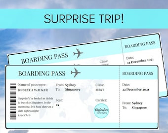 Surprise trip - personalised travel boarding passes; Plane tickets for vacation