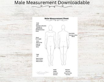 May include: Printable male body measurement chart with lines for writing measurements. The chart includes measurements for the head, neck, shoulders, chest, waist, hips, arms, legs, and more.