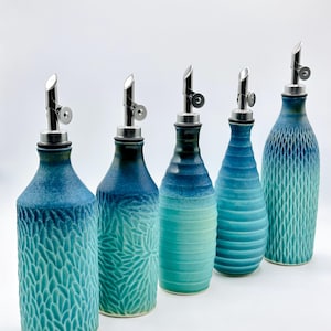 Made to order: handmade porcelain oil dispenser bottle, blue oil bottle, Blue Ceramic Cruet with Stainless Steel Pourer, bestseller cruet