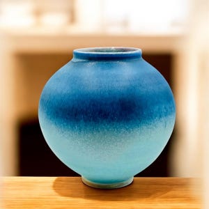 May include: A round, blue ceramic vase with a gradient effect, transitioning from a deep blue at the top to a lighter turquoise at the base. The vase has a wide body and a narrow neck, sitting on a wooden surface.