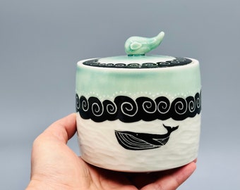 Turquoise whale porcelain jewelry box, handmade box, whale box, whale lidded jar, tea box