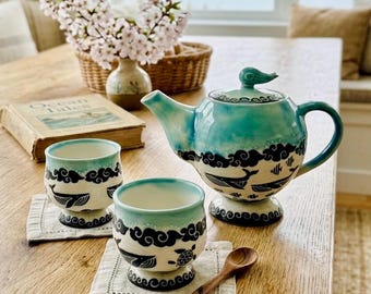 Zarezerwowane dla Kate: Ręcznie robiony ceramiczny czajniczek i 4 filiżanki w kształcie żółwia wielorybiego