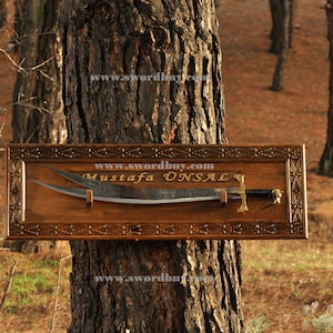 Personalized Zulfiqar Sword Wall Mount: Wolf Head Decor, Handmade Pine