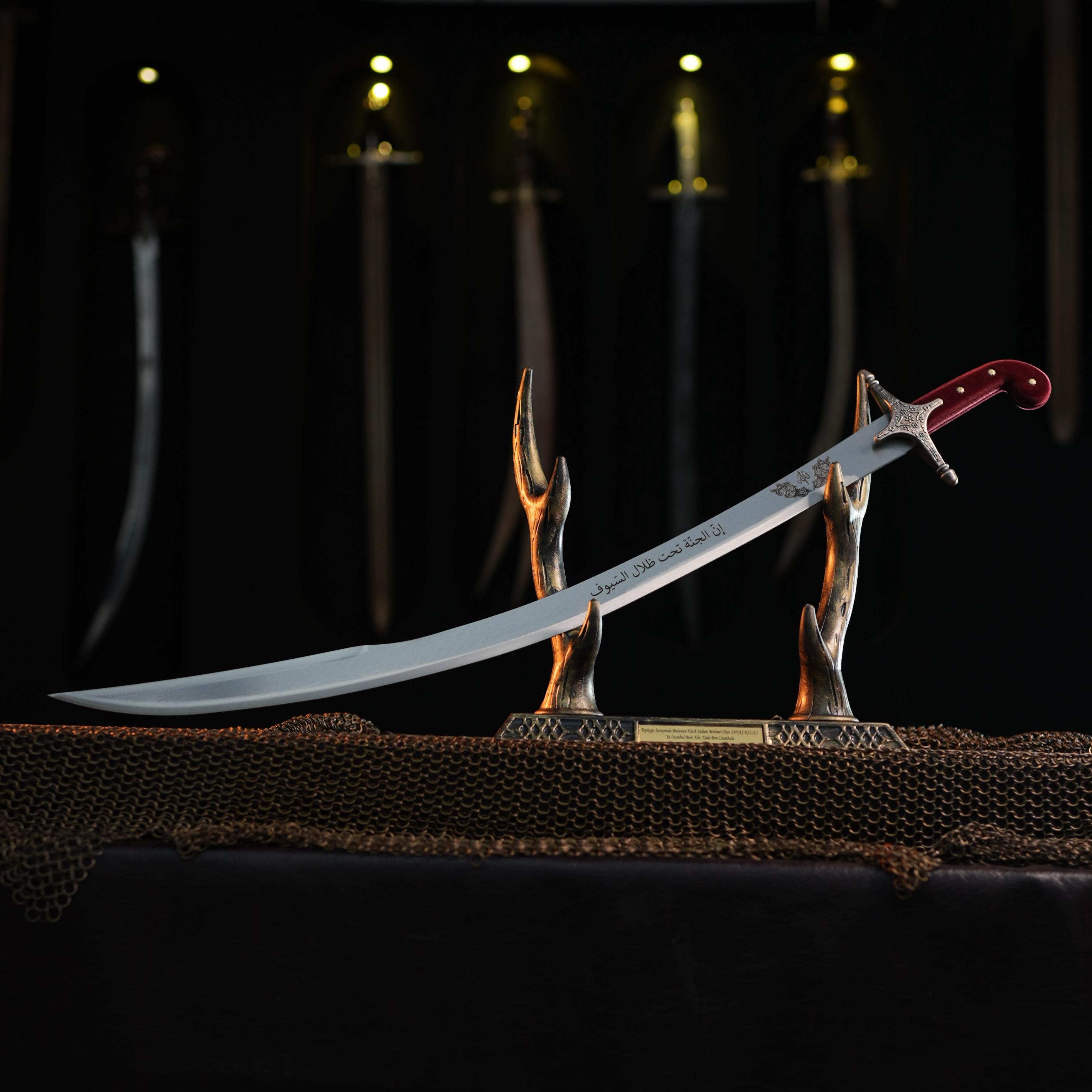 Bamsi Handmade Ottoman Kilij Sword - 90cm Carbon Steel Blade With Scabbard & Stand