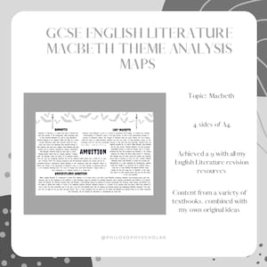 Może przedstawiać: Czarno-biała grafika z tekstem "GCSE English Literature Macbeth Theme Analysis Maps" u góry. Grafika zawiera mapę sztuki Macbeth z tekstem "Ambition" w środku. Grafika zawiera również tekst "Topic: Macbeth", "4 sides of A4", "Achieved a 9 with all my English Literature revision resources", i "Content from a variety of textbooks, combined with my own original ideas".