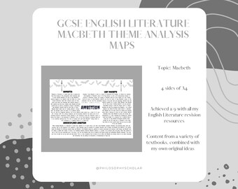 Peut inclure: Un graphique en noir et blanc avec le texte "GCSE English Literature Macbeth Theme Analysis Maps" en haut. Le graphique comprend une carte de la pièce Macbeth avec le texte "Ambition" au centre. Le graphique comprend également le texte "Topic: Macbeth", "4 sides of A4", "Achieved a 9 with all my English Literature revision resources", et "Content from a variety of textbooks, combined with my own original ideas".