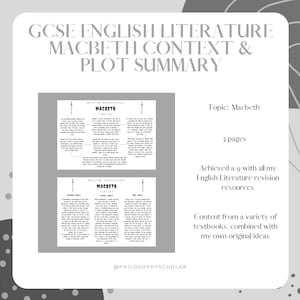 Könnte beinhalten: Graustufen-Dokument mit dem Titel "GCSE English Literature Macbeth Context & Plot Summary". Das Dokument enthält Text über Macbeth, mit dem Text "Topic: Macbeth" und "3 Seiten". Das Dokument enthält auch den Text "Achieved a 9 with all my English Literature revision resources."
