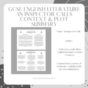 Könnte beinhalten: Eine grau-weiße Grafik mit dem Text "GCSE ENGLISH LITERATURE AN INSPECTOR CALLS CONTEXT & PLOT SUMMARY". Das Bild enthält eine Zusammenfassung von "An Inspector Calls" mit dem Text "Topic: An Inspector Calls" und "3 Seiten."