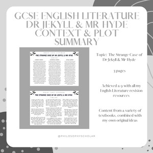 Könnte beinhalten: Graustufenbild mit einer Zusammenfassung von "Dr. Jekyll & Mr. Hyde" für GCSE English Literature. Der Text enthält "Kontext & Plot Summary" und Details zum Thema, zur Seitenzahl und zu den Überarbeitungsressourcen. Das Dokument ist für Bildungszwecke bestimmt.