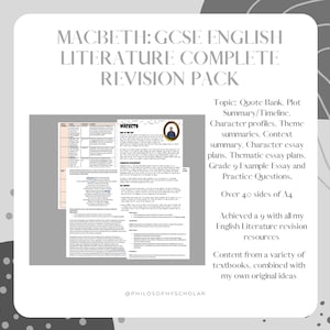 Könnte beinhalten: Ein Nachbereitungspaket für Macbeth GCSE English Literature. Das Paket enthält Zitatbanken, Plotzusammenfassungen, Charakterprofile und Essaypläne. Über 40 A4-Seiten Inhalt. Der Text auf dem Bild lautet "MACBETH: GCSE ENGLISH LITERATURE COMPLETE REVISION PACK."