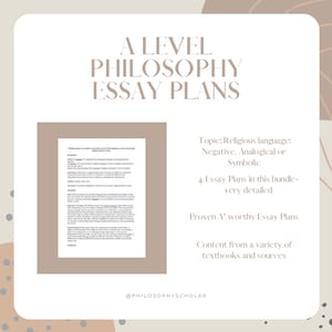 Puede incluir: Una descarga digital de planes de ensayo de filosofía de nivel A para el tema del lenguaje religioso. Los planes cubren el lenguaje negativo, analógico y simbólico. La imagen presenta un fondo beige con un rectángulo blanco que contiene el texto y un rectángulo gris con un ejemplo de plan de ensayo. El texto incluye la frase "Planes de ensayo dignos de A* probados".