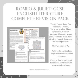 Könnte beinhalten: Ein digitaler Download für ein Romeo und Julia GCSE English Literature Revision Pack. Das Pack beinhaltet eine Zitatensammlung, eine Plotzusammenfassung, eine Zeitleiste, Charakterprofile, Themenzusammenfassungen, eine Kontextzusammenfassung, Charakter-Essaypläne, thematische Essaypläne, einen Beispiel-Essay der Klasse 9, Übungsaufgaben und über 40 Seiten A4. Der Text "Ich habe eine 9 mit all meinen Englisch-Literatur-Revisionsressourcen erreicht" ist ebenfalls enthalten. Der Text "Inhalt aus einer Vielzahl von Lehrbüchern, kombiniert mit meinen eigenen originellen Ideen" ist ebenfalls enthalten.