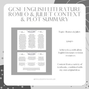 Könnte beinhalten: Ein Schwarzweißbild eines druckbaren Studienleitfadens für GCSE English Literature. Der Leitfaden trägt den Titel "Romeo & Juliet Context & Plot Summary" und enthält Informationen zum historischen Kontext, den Themen und den Figuren des Stücks. Der Leitfaden soll Schülern helfen, eine gute Note in ihren Prüfungen zu erzielen.